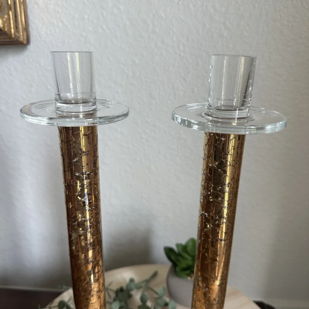 VTG Mid Century Candlestick Holders‎ 11.5 Inch Gold Clear Crackle Glass Decor